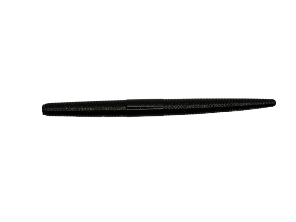 Onyx Black SugarBait worm on white background.