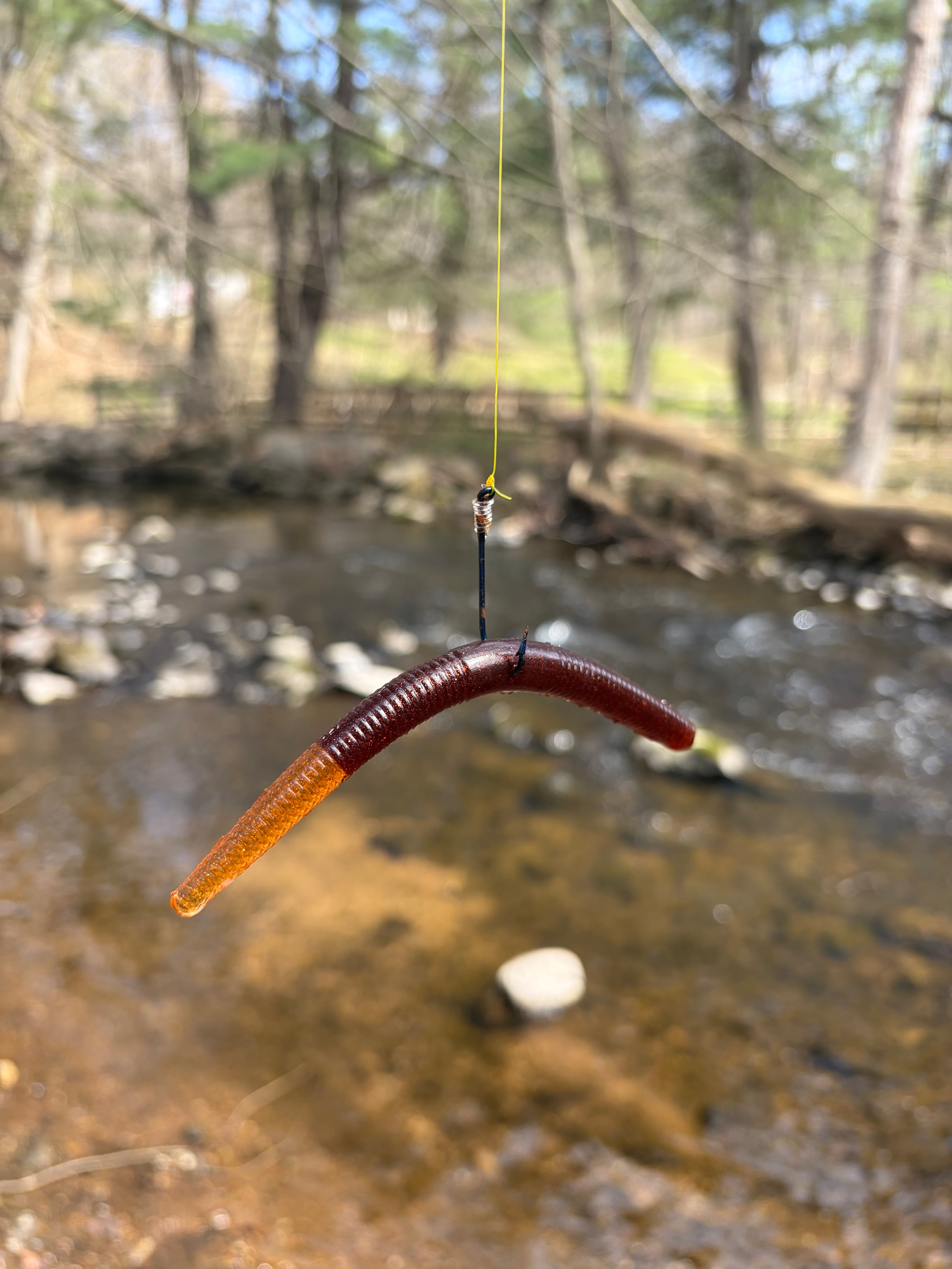 Orange tip and red body SugarBait worm lure attached on hook over a pond.